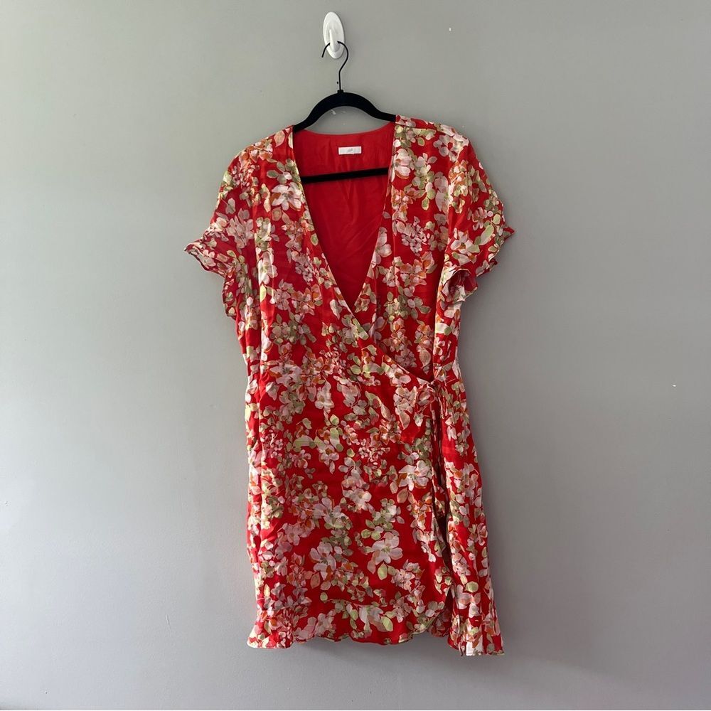 J Jill Red Floral Print Wrap Dress V Neck